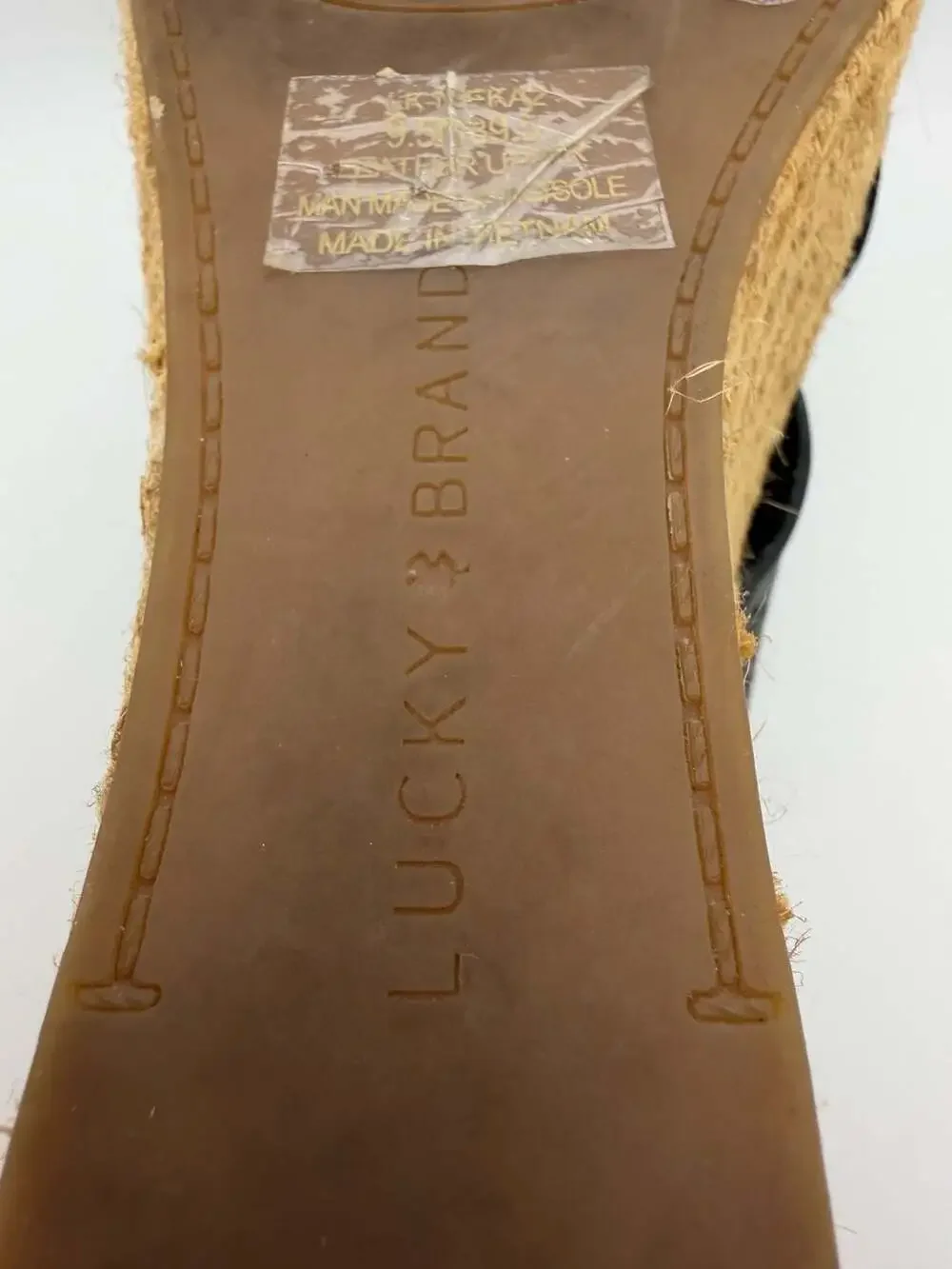 Lucky Brand Neeka Black Cutout Leather Espadrille Wedge Sandals